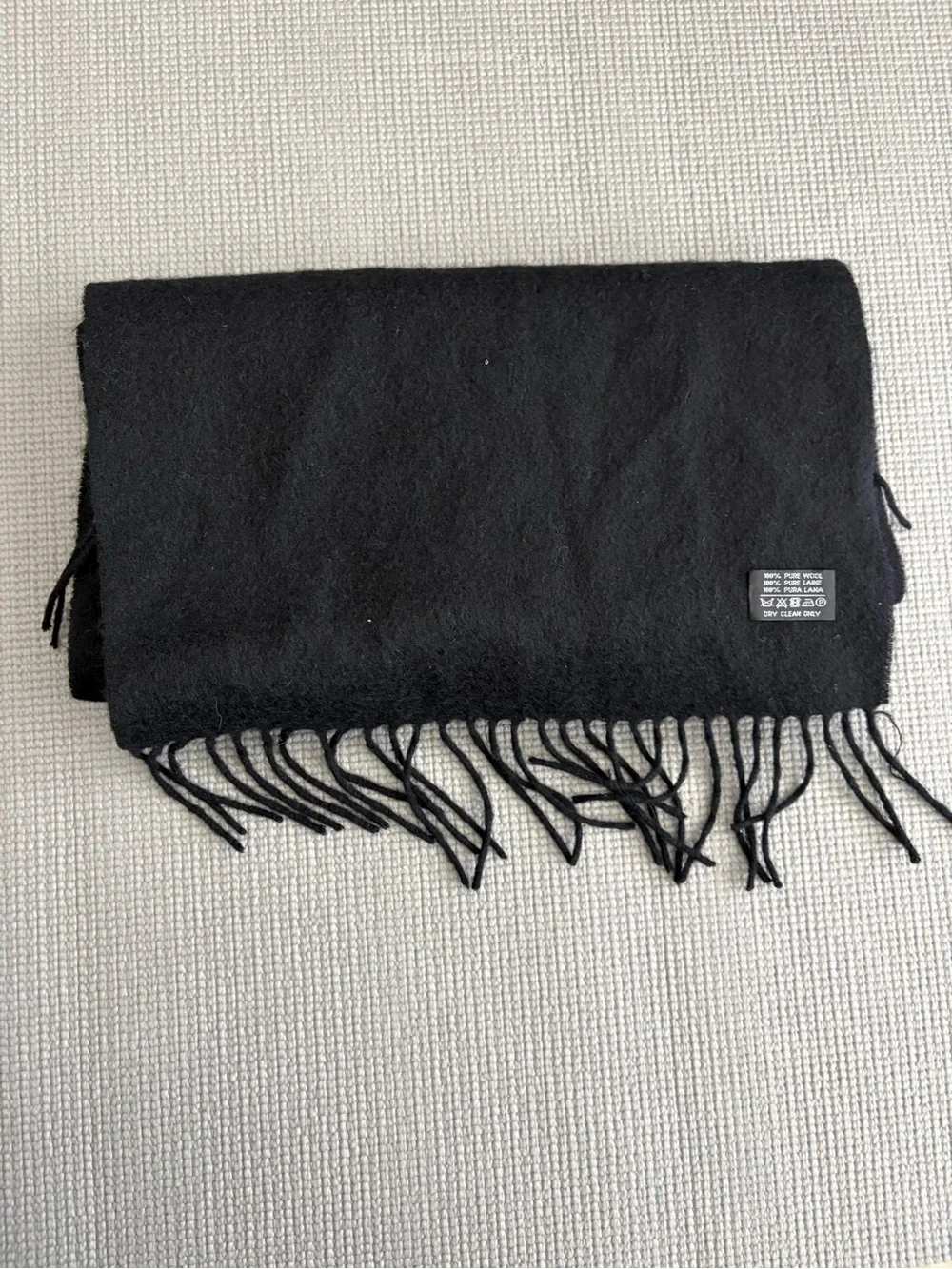 Yves Saint Laurent YSL Black 100% Lambswool Fringe Scarf Logo Embroidered